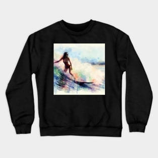 Abstract looking illustration of a woman surfing in a bikini in tropical waters. Crewneck Sweatshirt